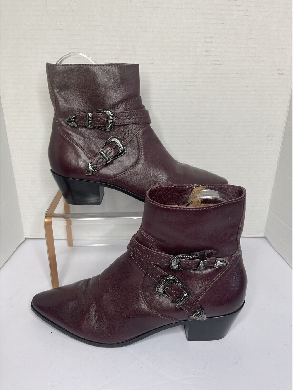 Frye Ellen Buckle Short Boots — Burgundy Leather Western Ankle Boots|Size 10 M